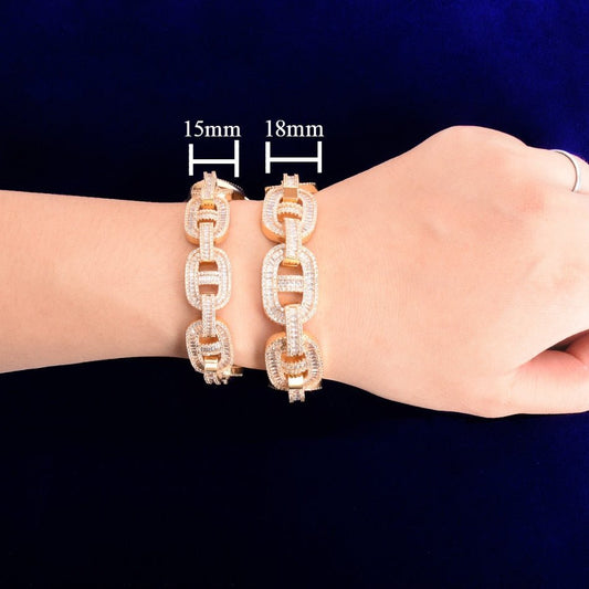 Baguette Zirconia Cuban Bracelet Chain Men's Trendy Cool Hip Hop Link Copper Bling Rock Jewelry 18mm-0
