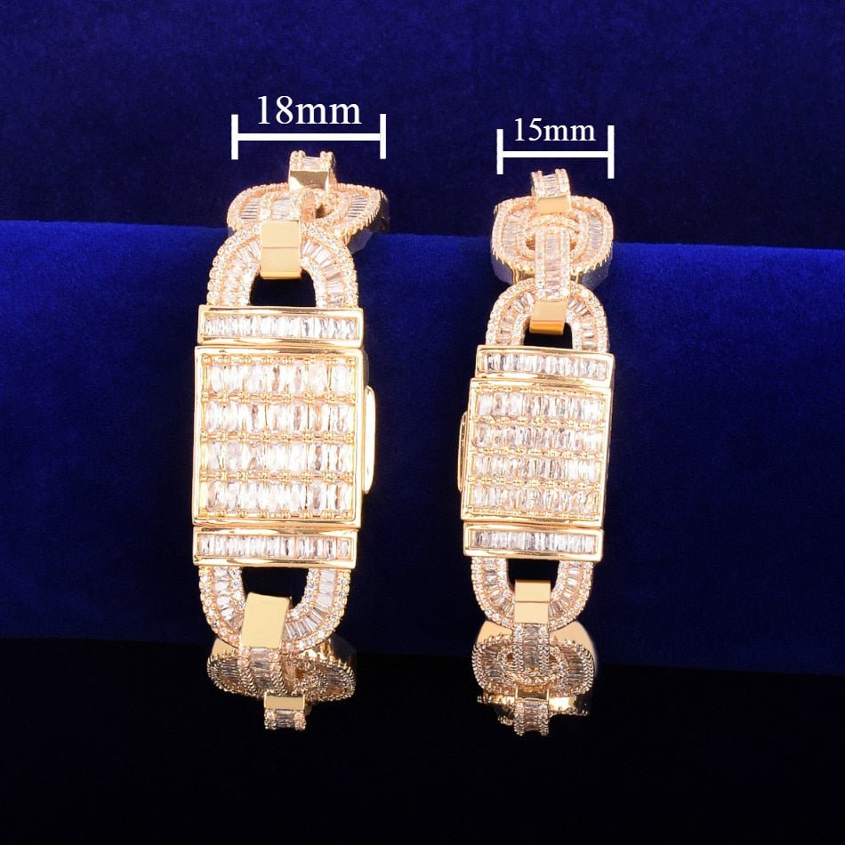 Baguette Zirconia Cuban Bracelet Chain Men's Trendy Cool Hip Hop Link Copper Bling Rock Jewelry 18mm-1