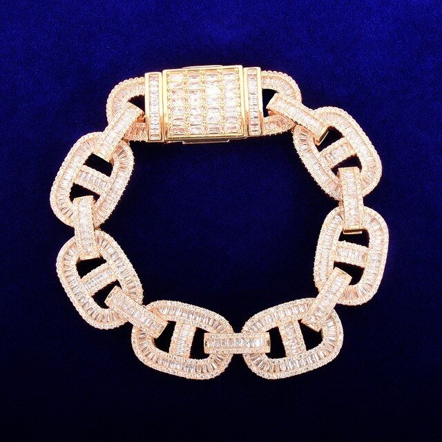 Baguette Zirconia Cuban Bracelet Chain Men's Trendy Cool Hip Hop Link Copper Bling Rock Jewelry 18mm-5
