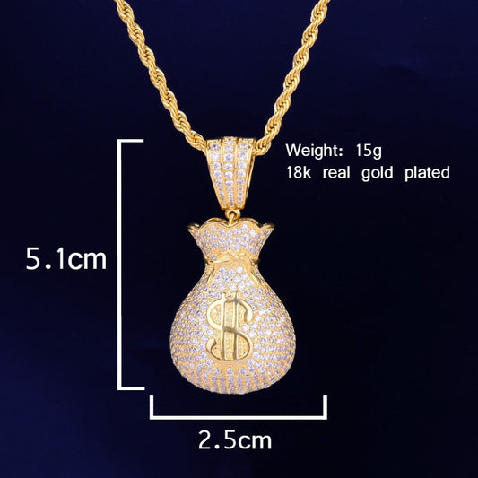 Men's Dollar bag Pendant Necklace Tennis Chain Cuban chain Gold Color Bling Cubic Zircon Hip hop Rock Jewelry-0