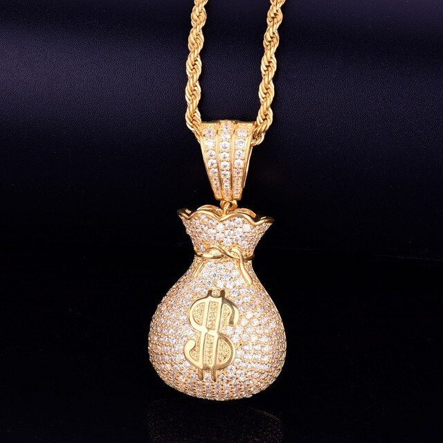 Men's Dollar bag Pendant Necklace Tennis Chain Cuban chain Gold Color Bling Cubic Zircon Hip hop Rock Jewelry-6