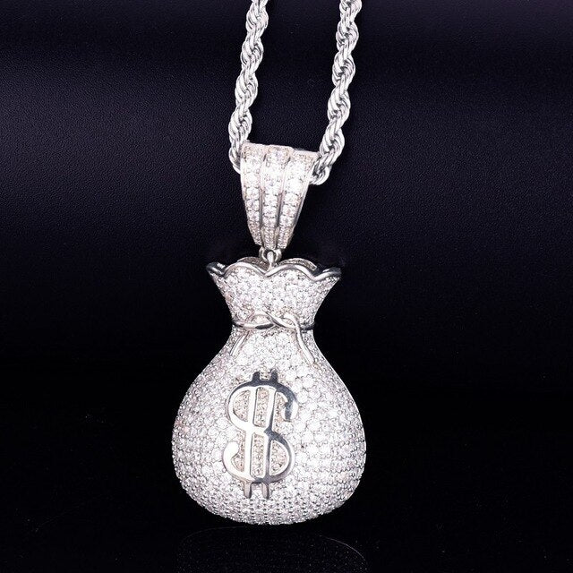 Men's Dollar bag Pendant Necklace Tennis Chain Cuban chain Gold Color Bling Cubic Zircon Hip hop Rock Jewelry-5