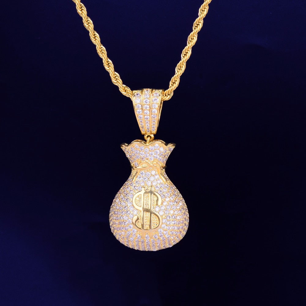 Men's Dollar bag Pendant Necklace Tennis Chain Cuban chain Gold Color Bling Cubic Zircon Hip hop Rock Jewelry-2