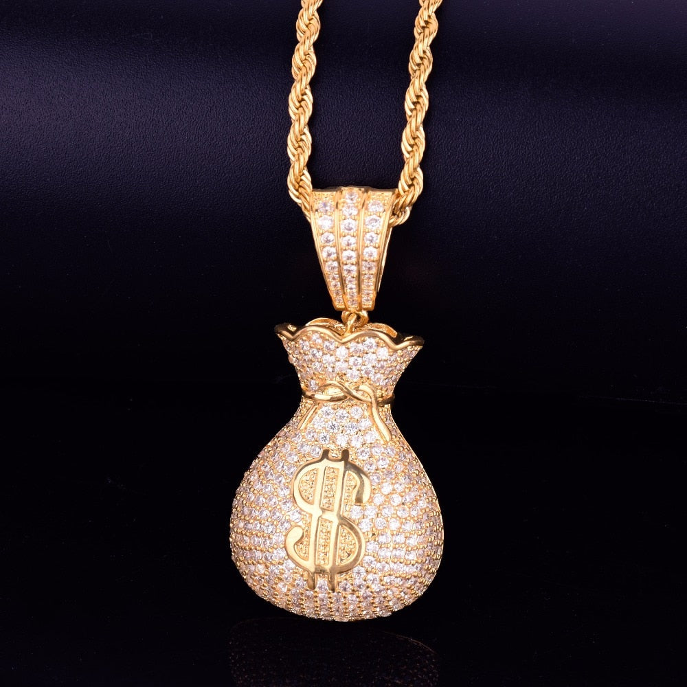 Men's Dollar bag Pendant Necklace Tennis Chain Cuban chain Gold Color Bling Cubic Zircon Hip hop Rock Jewelry-3