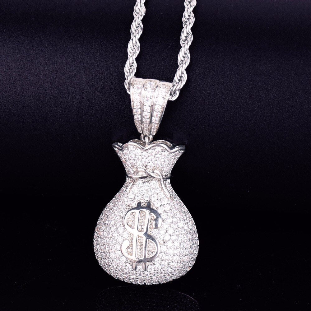 Men's Dollar bag Pendant Necklace Tennis Chain Cuban chain Gold Color Bling Cubic Zircon Hip hop Rock Jewelry-4